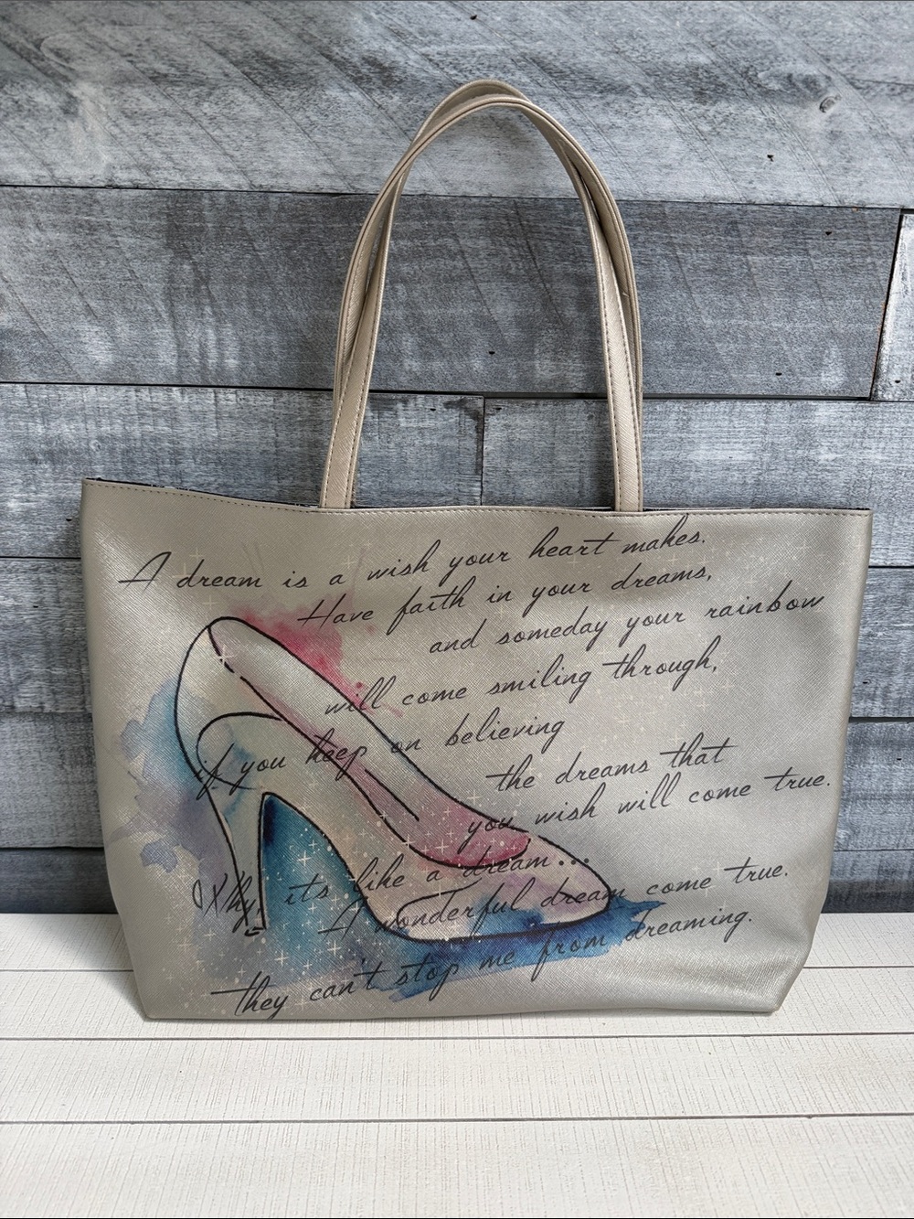 Disney Beige Script & Watercolor High Heel Tote